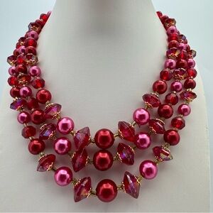 Vintage Hong Kong Layered Red & Pink Acrylic Statement Necklace